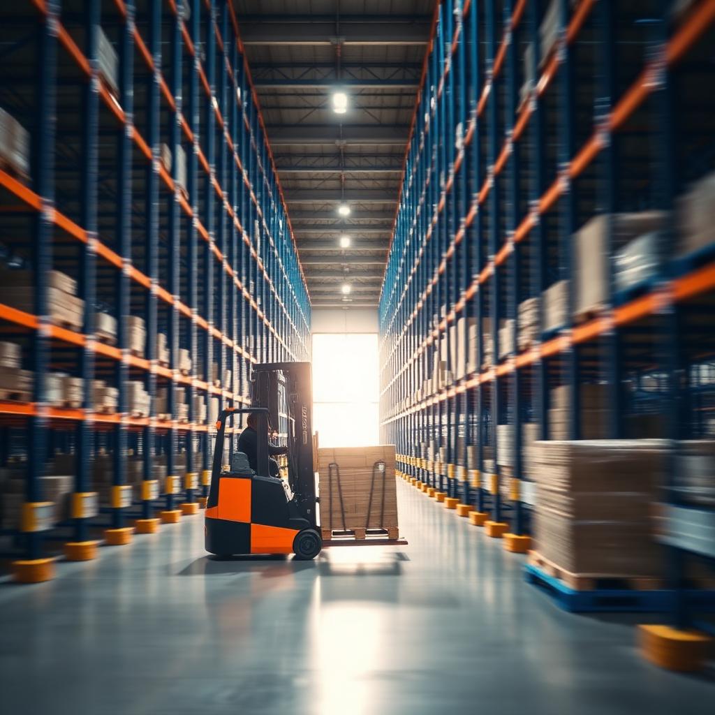 Electric forklift moving pallets in a warehouse aisle