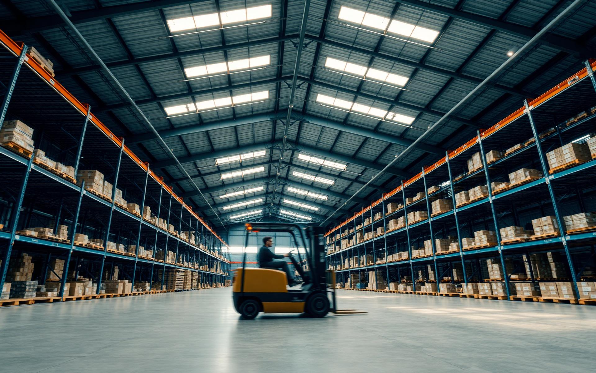 Modern warehouse interior with pallet racking and forklift