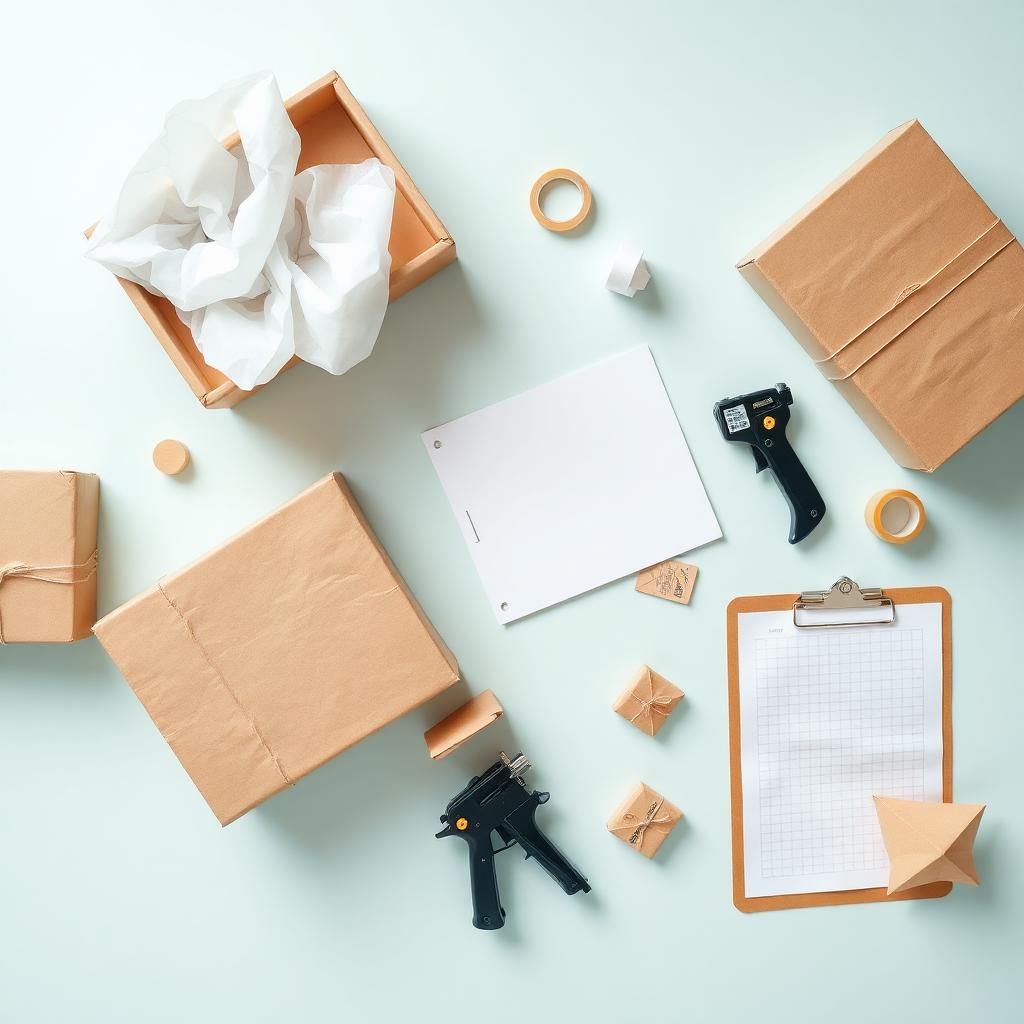Flat lay of packing materials at a fulfilment bench